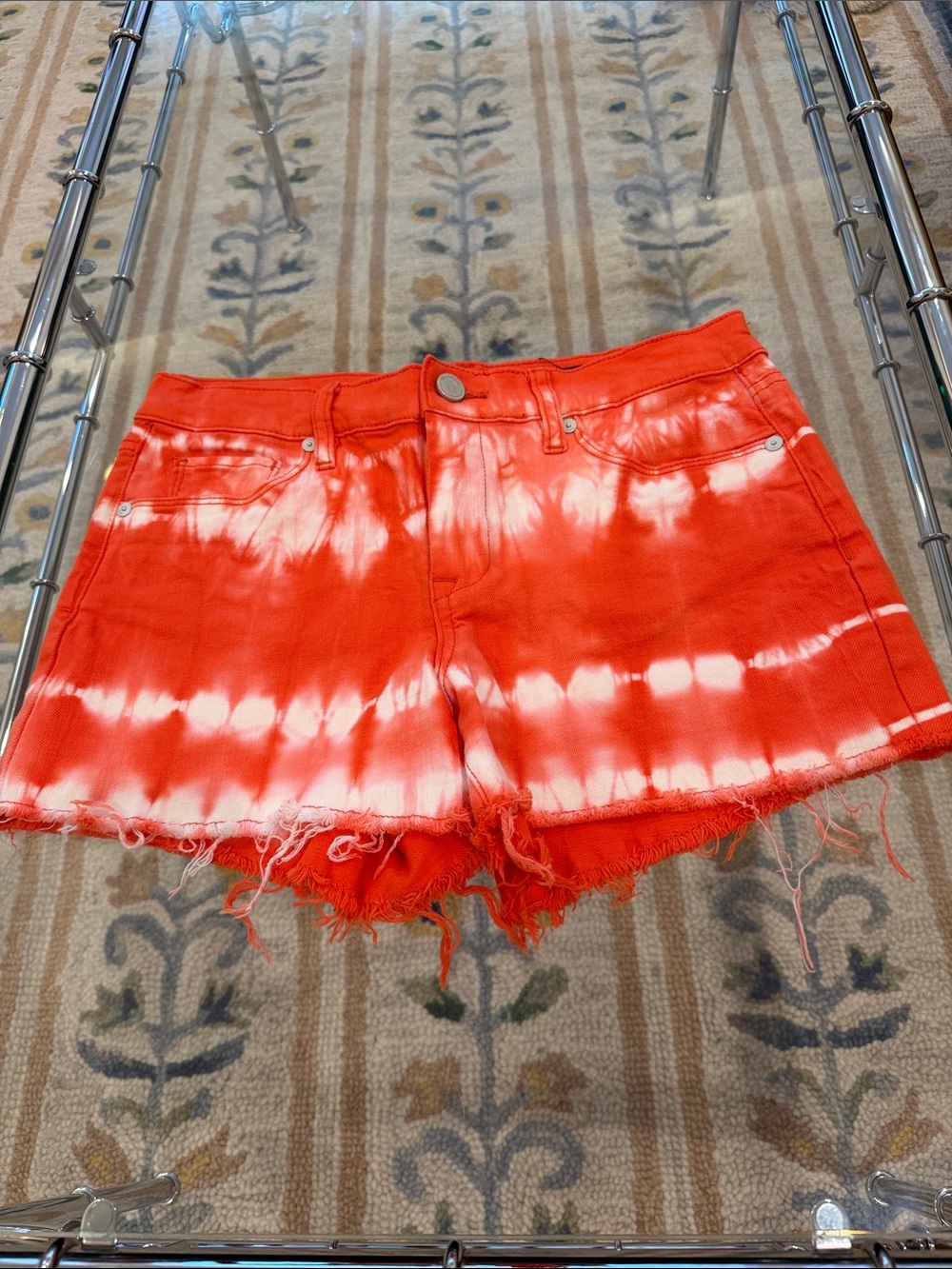 Blank NYC Orange Tie-Dye Frayed Hem Jean Shorts